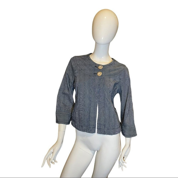 Anthropologie Tria Railroad Striped Big Button Crew Jean Crop Jacket Blu… - Picture 14 of 14